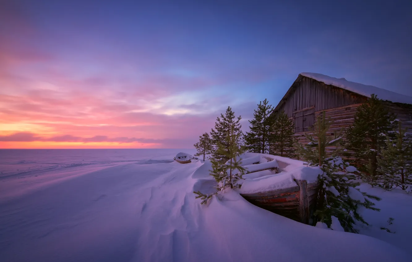 Photo wallpaper winter, snow, landscape, sunset, nature, house, boats, Maxim Evdokimov