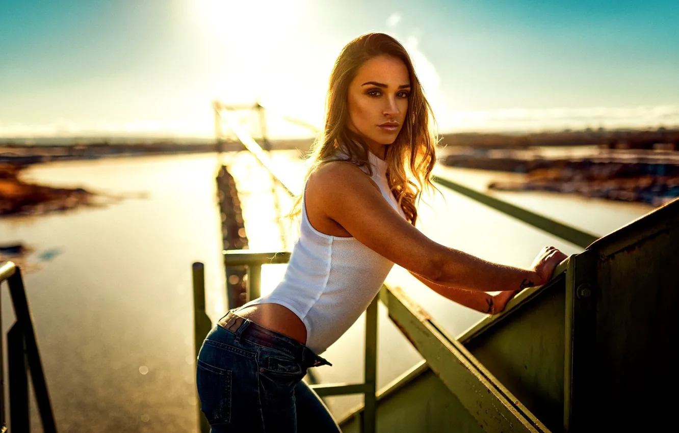 Photo wallpaper the sun, landscape, pose, model, height, jeans, makeup, figure