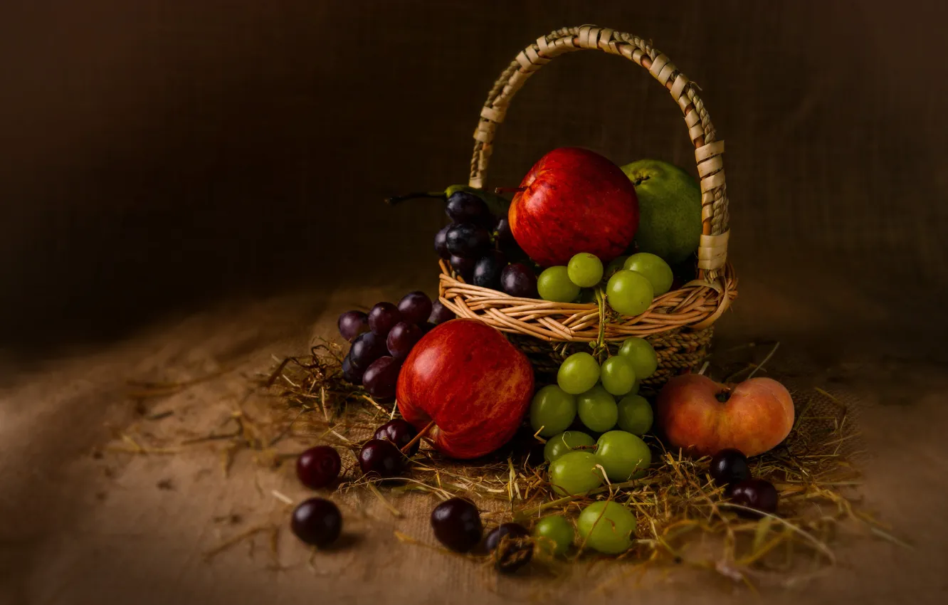 Photo wallpaper the dark background, apples, food, grapes, straw, fruit, still life, basket