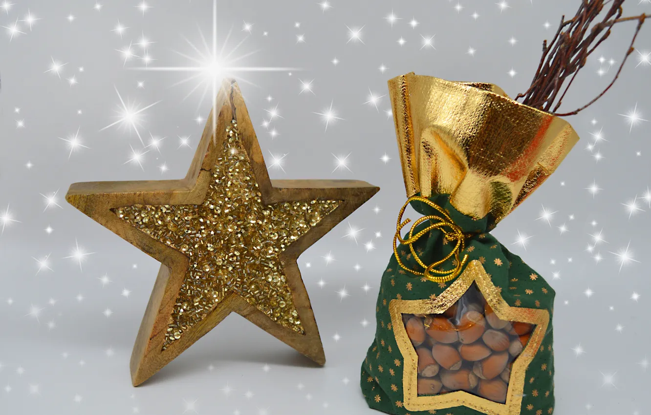 Photo wallpaper holiday, star, Christmas, New year, nuts, Christmas decorations, new year decorations