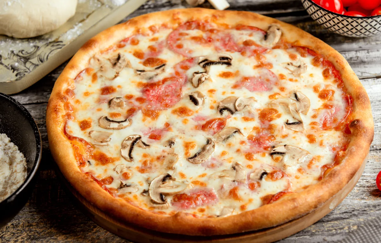 Photo wallpaper mushrooms, cheese, pizza, cakes, pizza, the dough