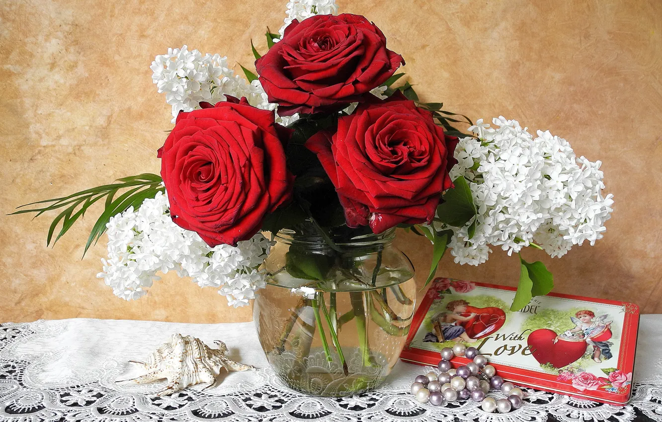 Photo wallpaper decoration, red, roses, beads, shell, lilac, roses, lilac