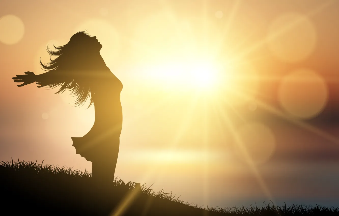 Photo wallpaper the sky, grass, girl, the sun, joy, sunset, silhouette, happy