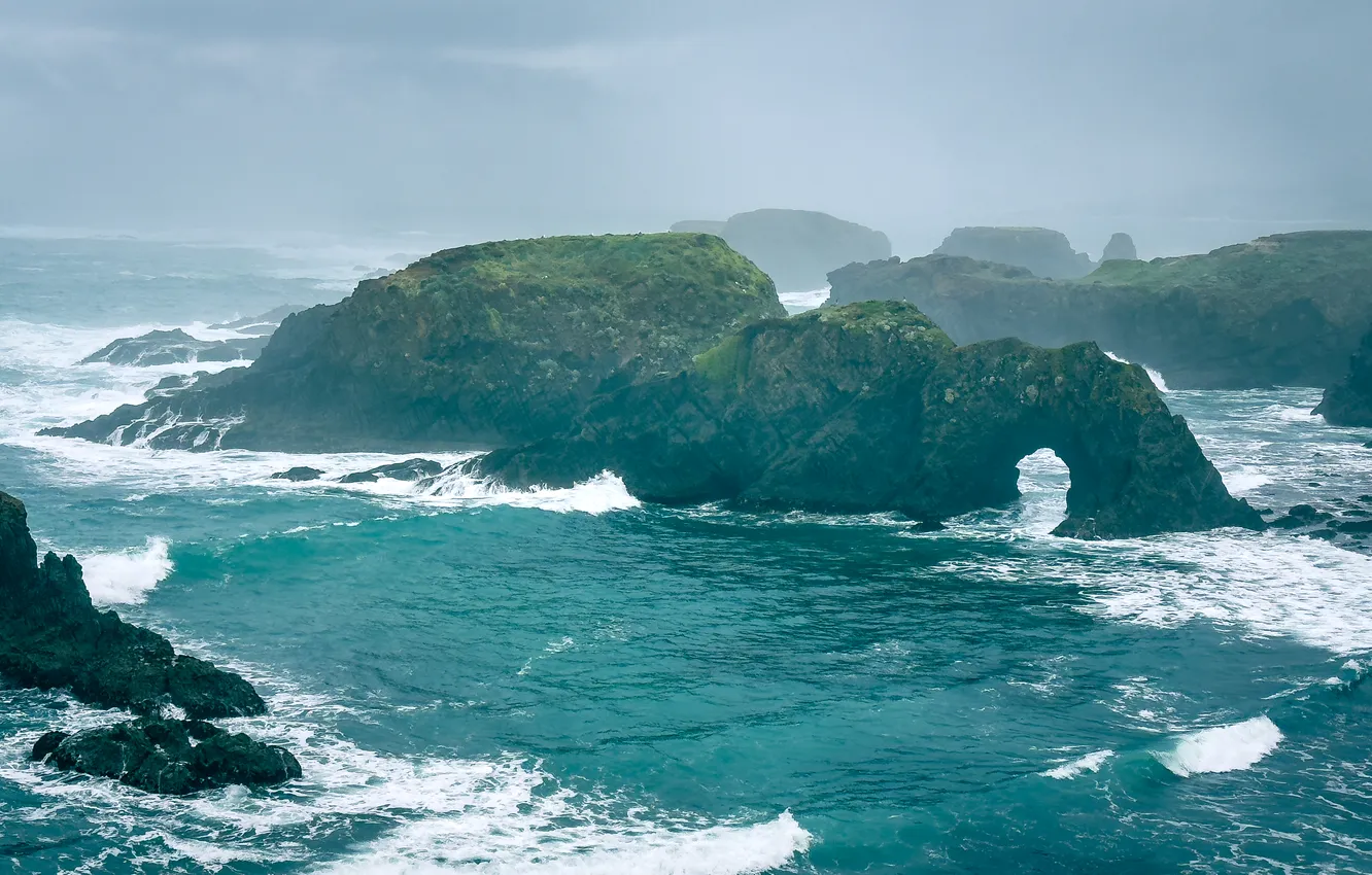 Photo wallpaper sea, wave, fog, rocks, shore, morning, surf, arch