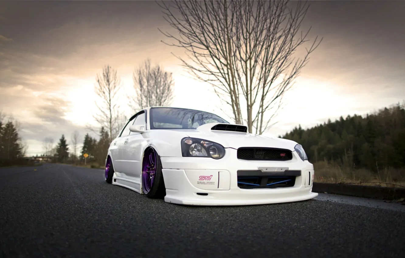 Photo wallpaper road, forest, white, purple, drives, subaru impreza, suspension, casting