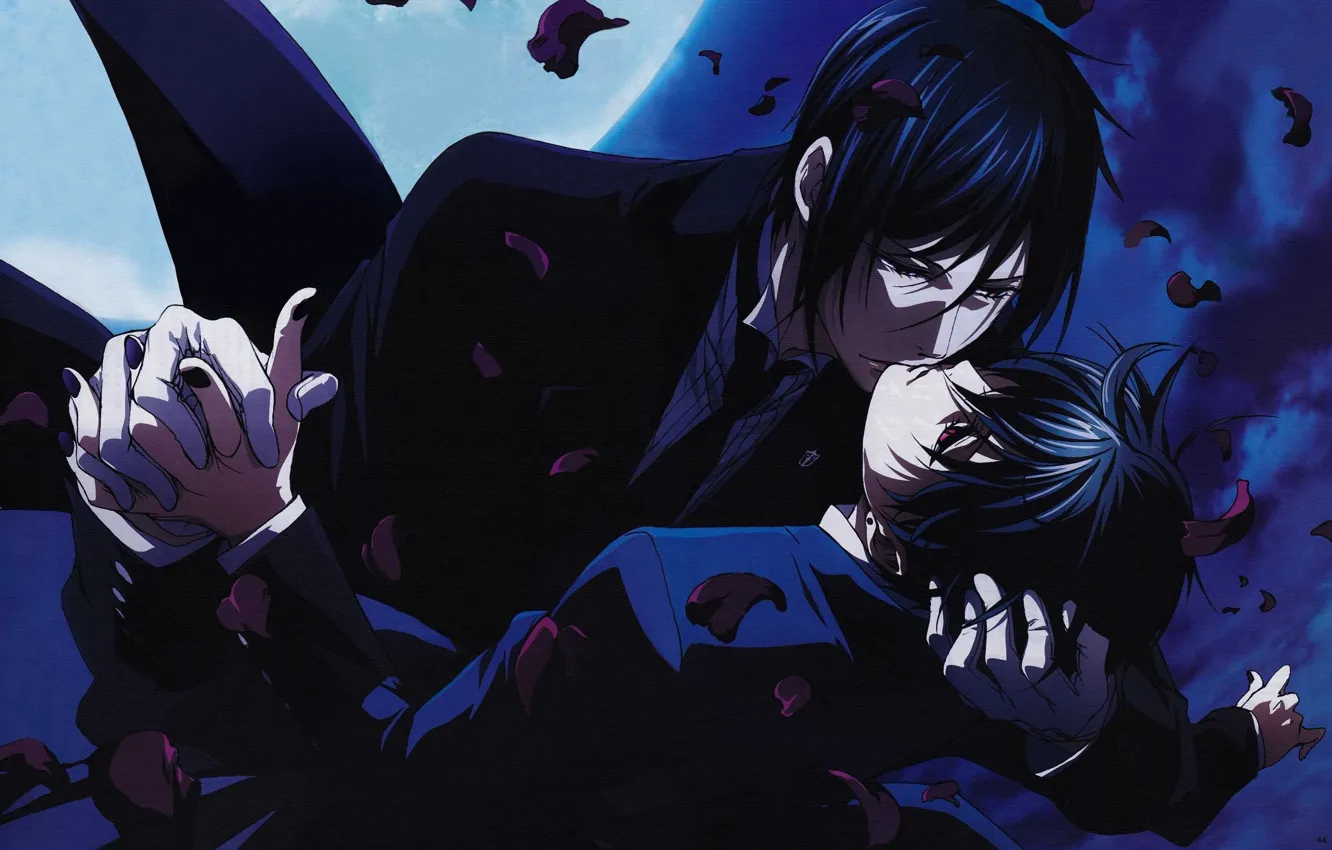 Photo wallpaper night, roses, anime, the devil, red eyes, dark Butler, Sebastian Michaelis, Ciel