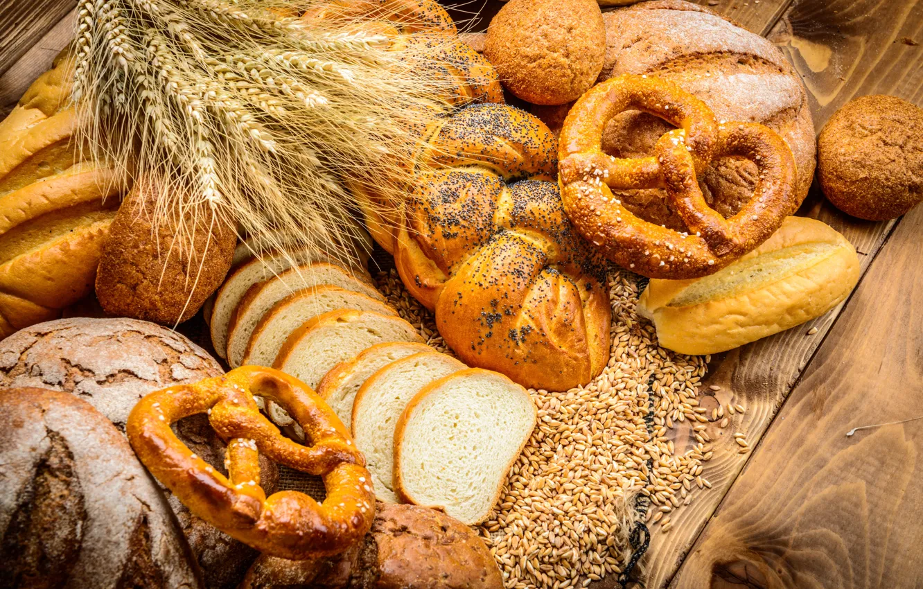 Photo wallpaper wheat, Board, grain, bread, ears, muffin, cakes, roll