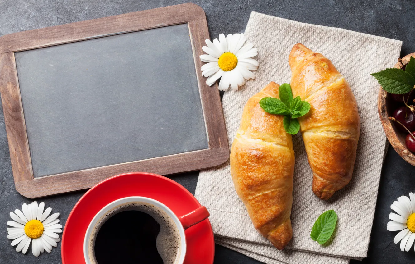 Photo wallpaper Board, chamomile, Breakfast, wood, cup, coffee, good morning, breakfast