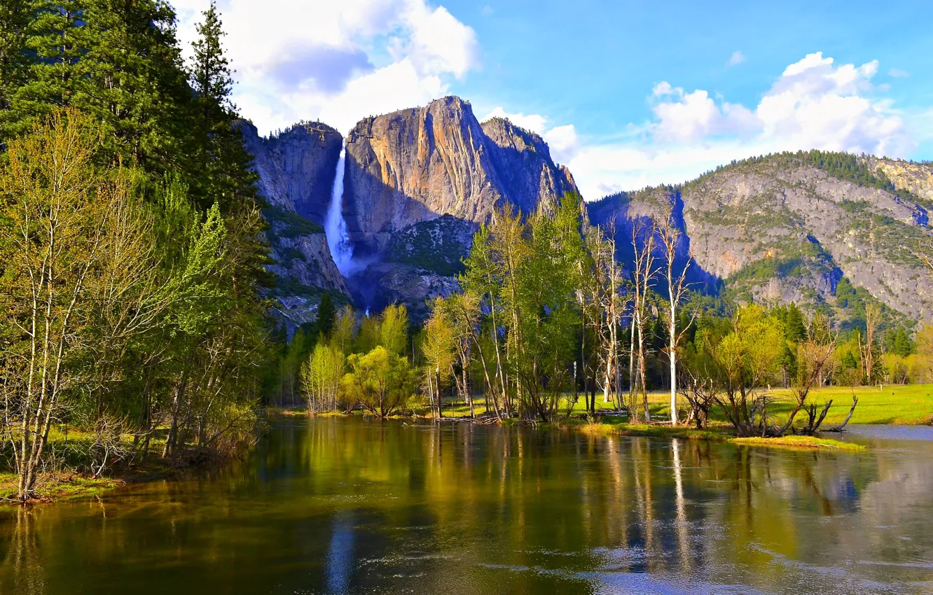 Photo wallpaper forest, trees, mountains, river, waterfall, CA, USA, Yosemite National Park