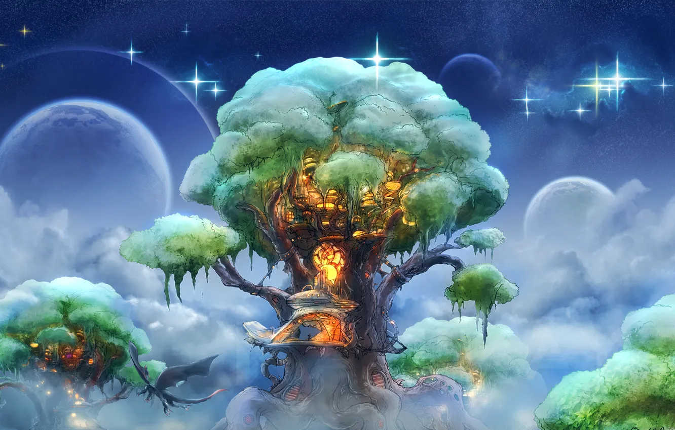 Photo wallpaper the sky, clouds, tree, dragon, planet, stars, fantasy, art