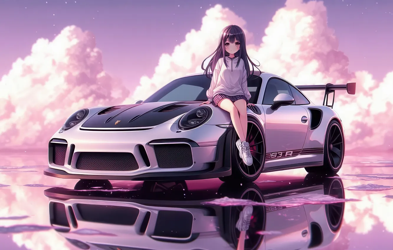 Photo wallpaper Porsche, girl, Porsche 911, anime, clouds, anime girl, AI Art, AI Generated