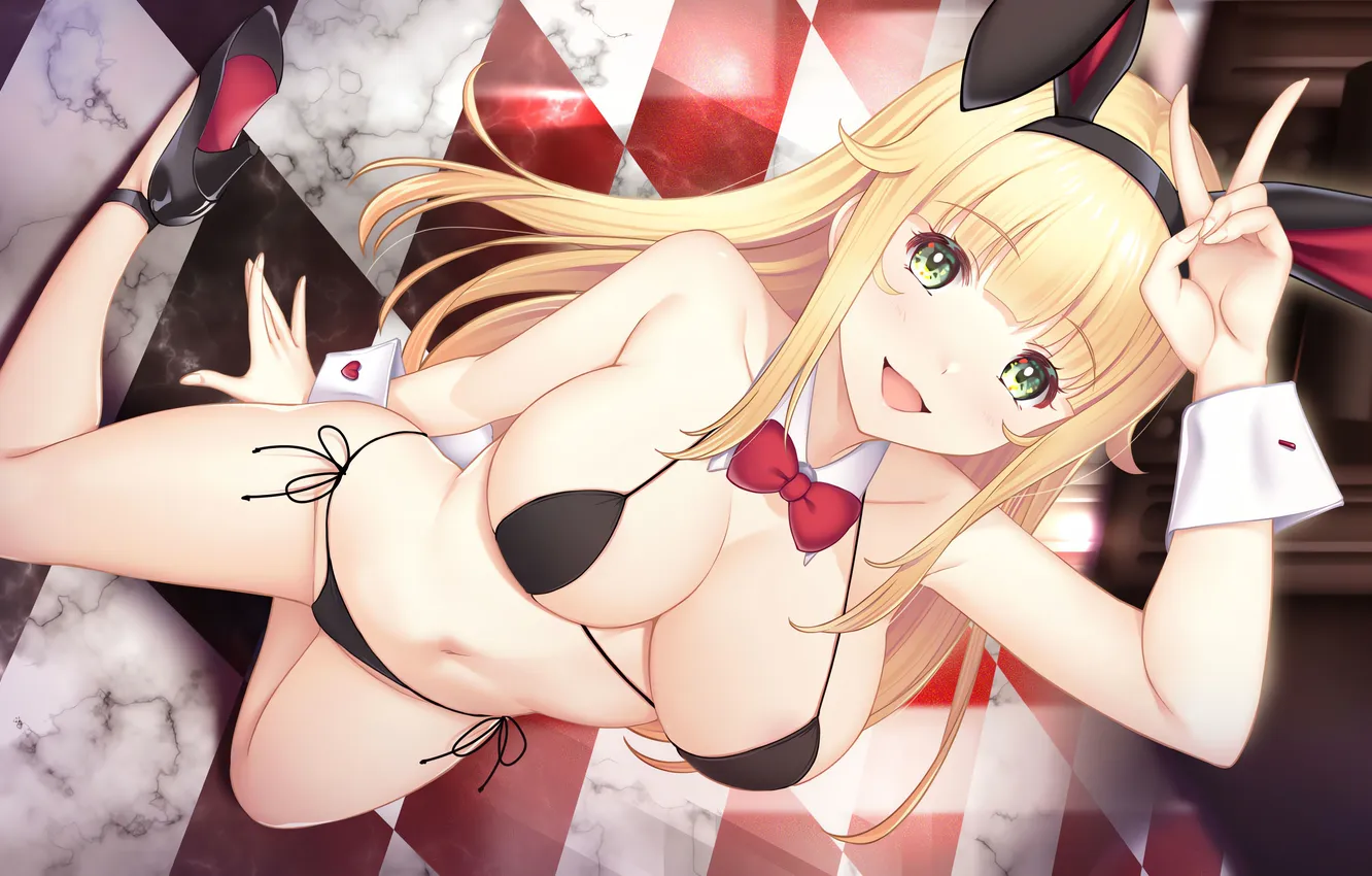 Photo wallpaper girl, sexy, cleavage, green eyes, long hair, legs, boobs, anime