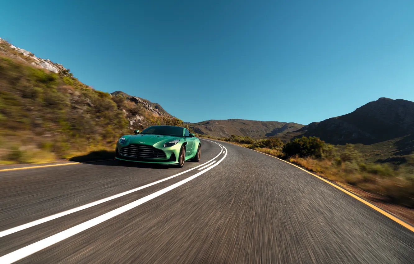 Photo wallpaper car, green, Aston Martin, supercar, road, speed, nice view, 2023