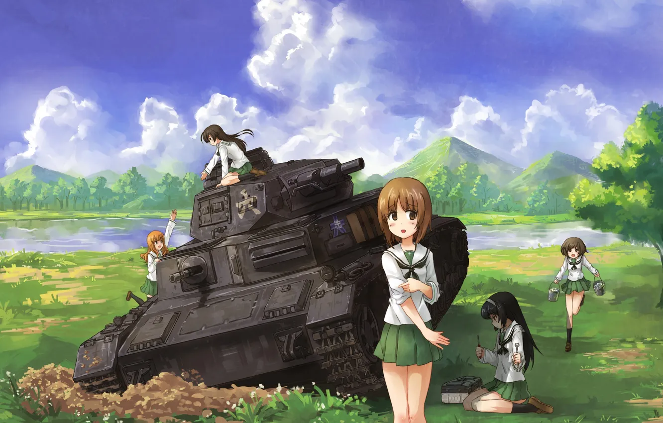 Photo wallpaper field, water, girl, clouds, trees, mountains, nature, river