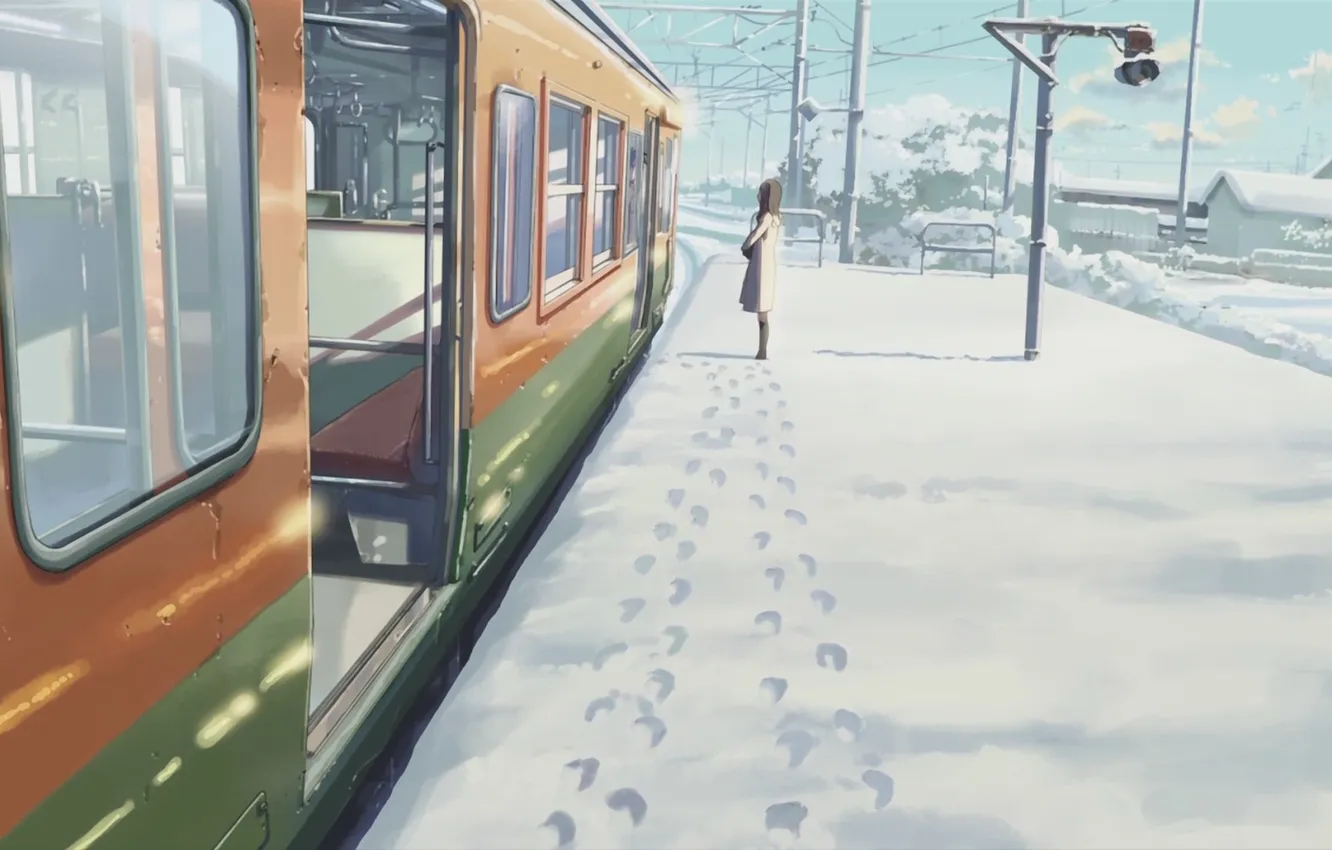 Photo wallpaper winter, girl, snow, traces, train, the platform, Byousoku 5 centimetre