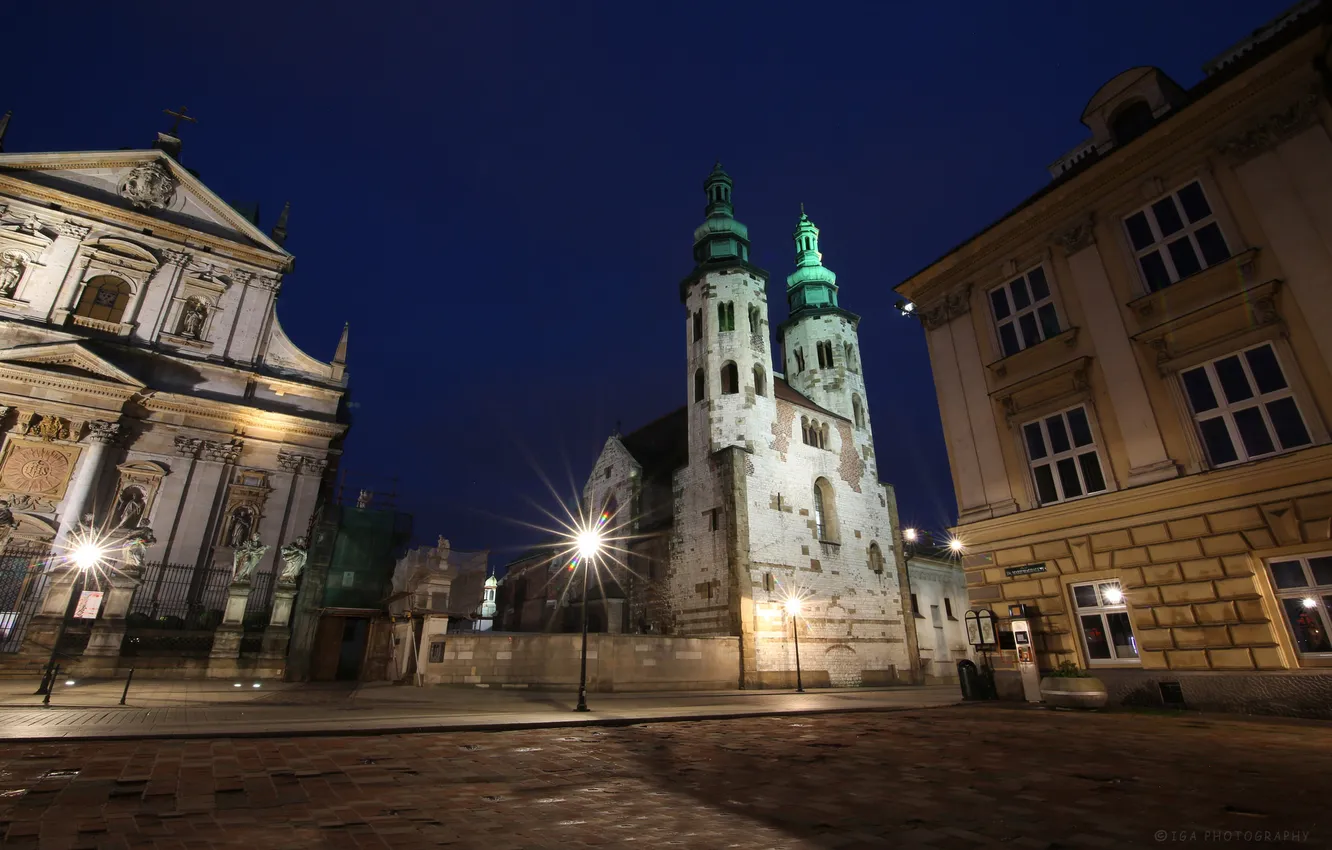 Photo wallpaper night, lights, Poland, Krakow, the Church of Saints Peter and Paul, the Church of St. …