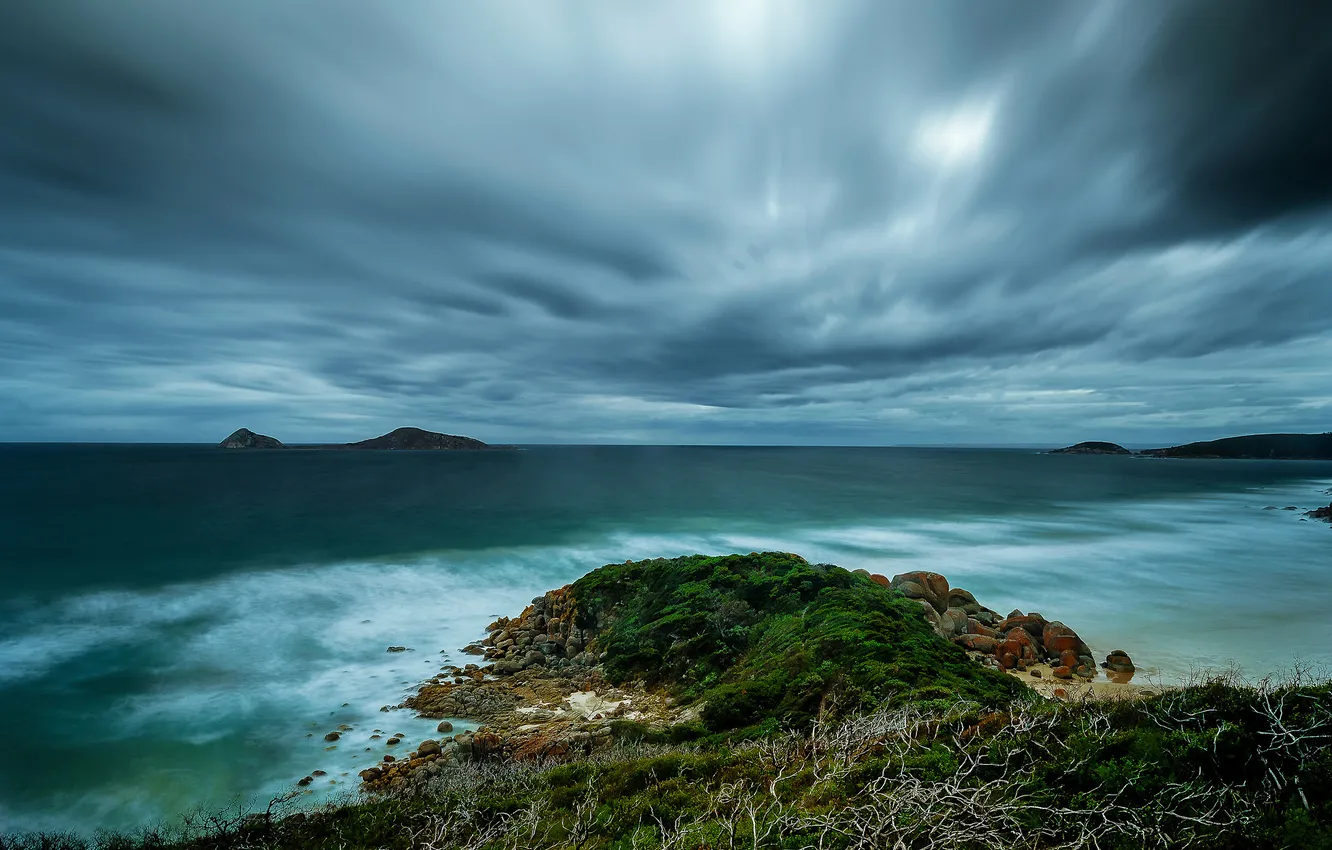 Photo wallpaper sea, clouds, island