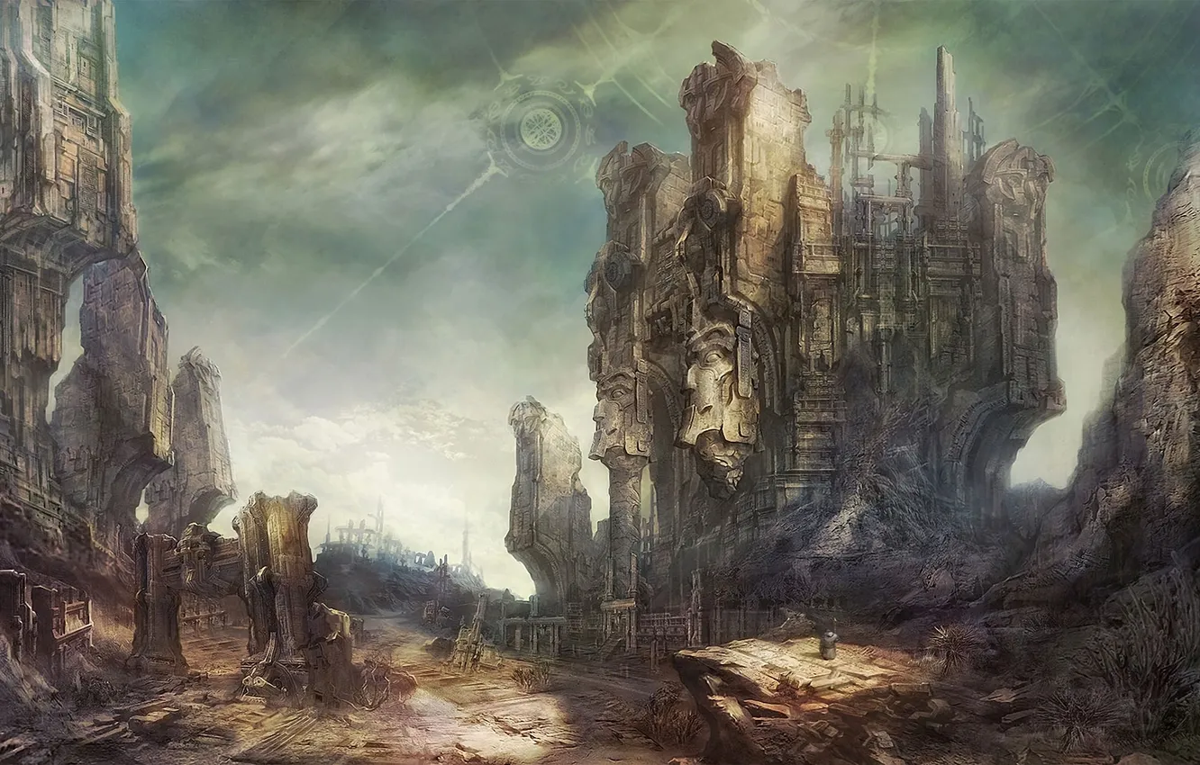 Photo wallpaper mountains, rocks, devastation, ruins, traveler, TERA online