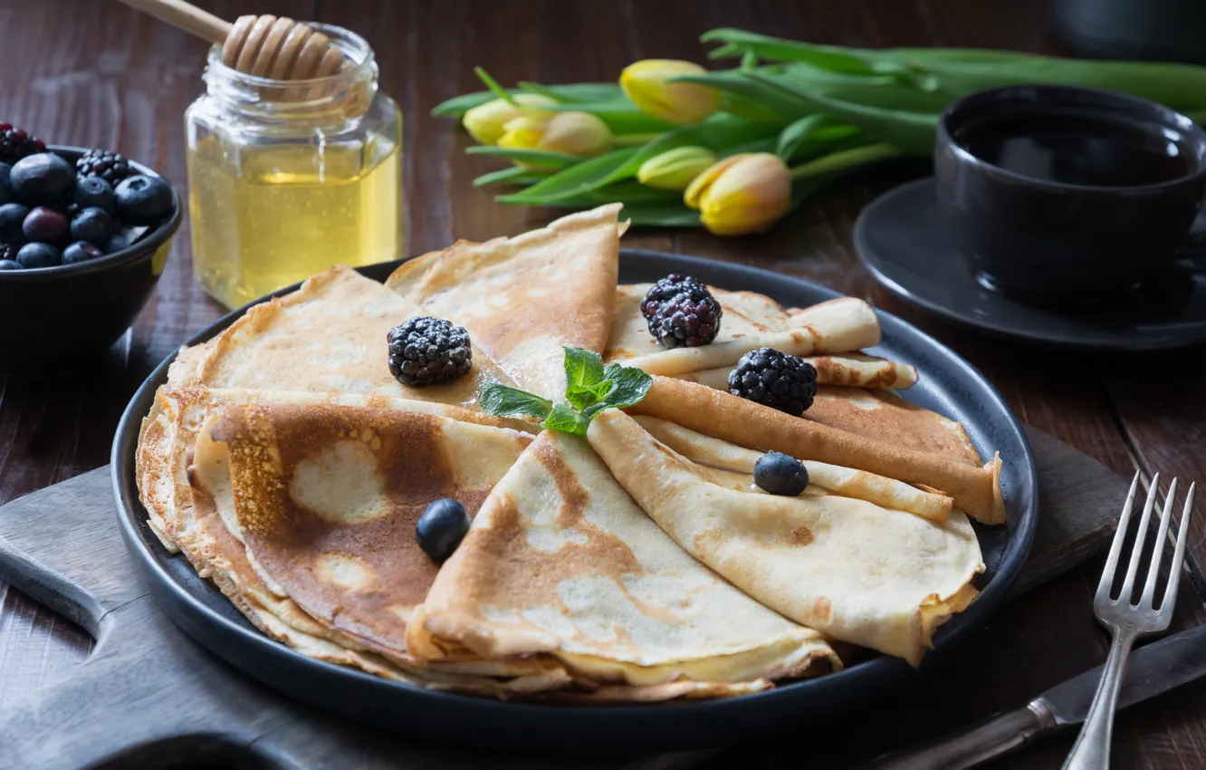 Photo wallpaper flowers, berries, honey, tulips, pancakes