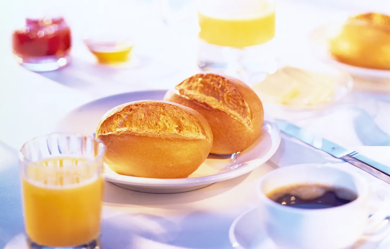 Photo wallpaper table, coffee, food, Breakfast, morning, juice, buns, serving