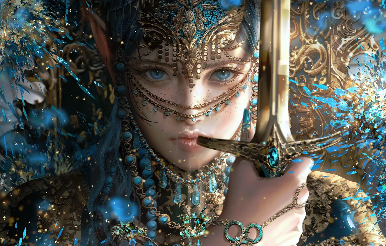 Photo wallpaper girl, decoration, elf, sword, fantasy