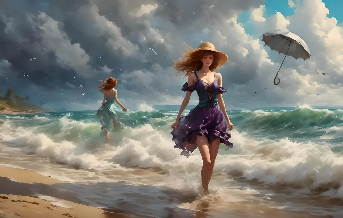 Photo wallpaper sand, sea, wave, beach, the sky, girl, clouds, light