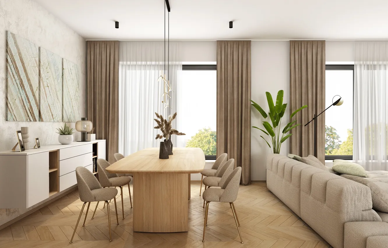 Photo wallpaper design, style, interior, visualization, living room, dining room, modern apartment in Prague, elegant living space