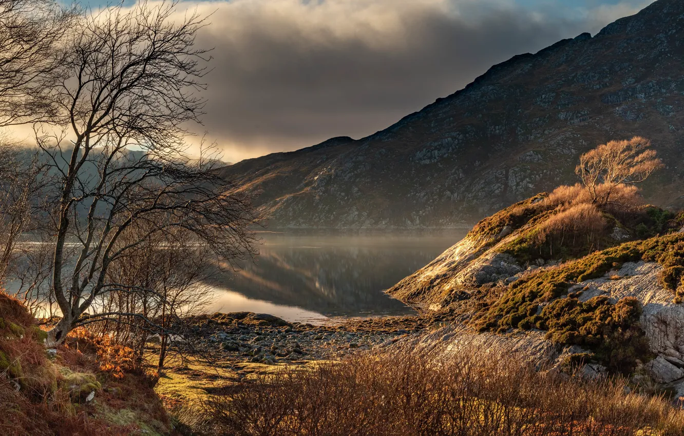 Photo wallpaper autumn, mountains, shore, panorama, pond
