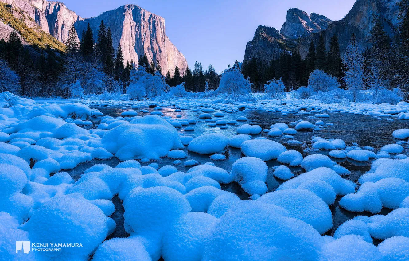 Photo wallpaper river, photographer, rocks, snow, Yosemite National Park, Kenji Yamamura