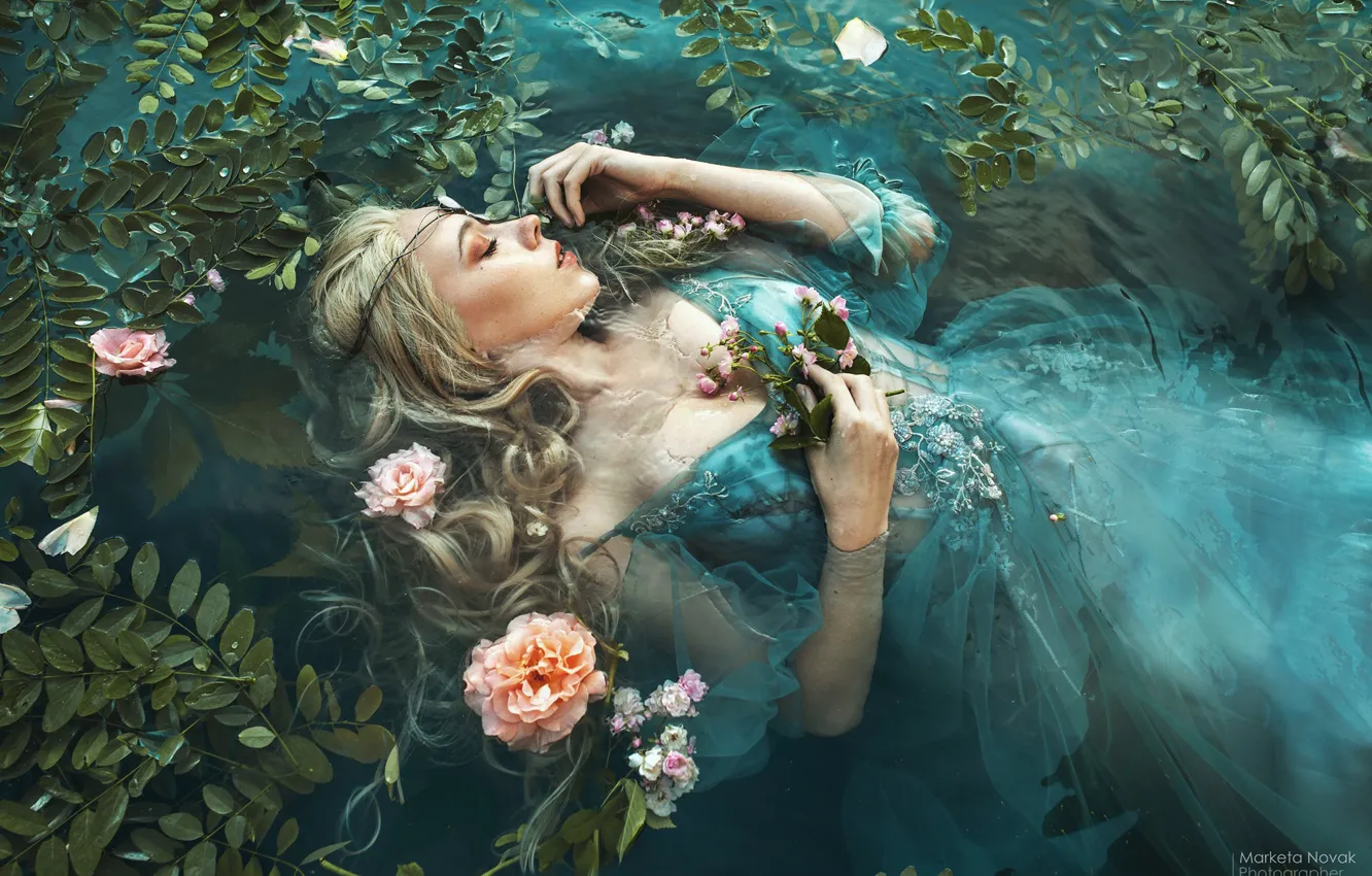Photo wallpaper leaves, water, girl, flowers, pose, mood, sleep, the situation