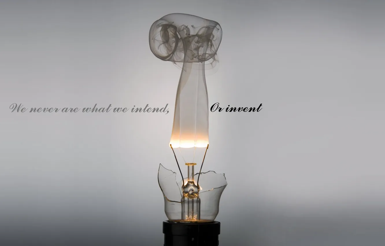 Photo wallpaper light bulb, grey, background, the inscription, minimalism, we never are what we intend, or invent
