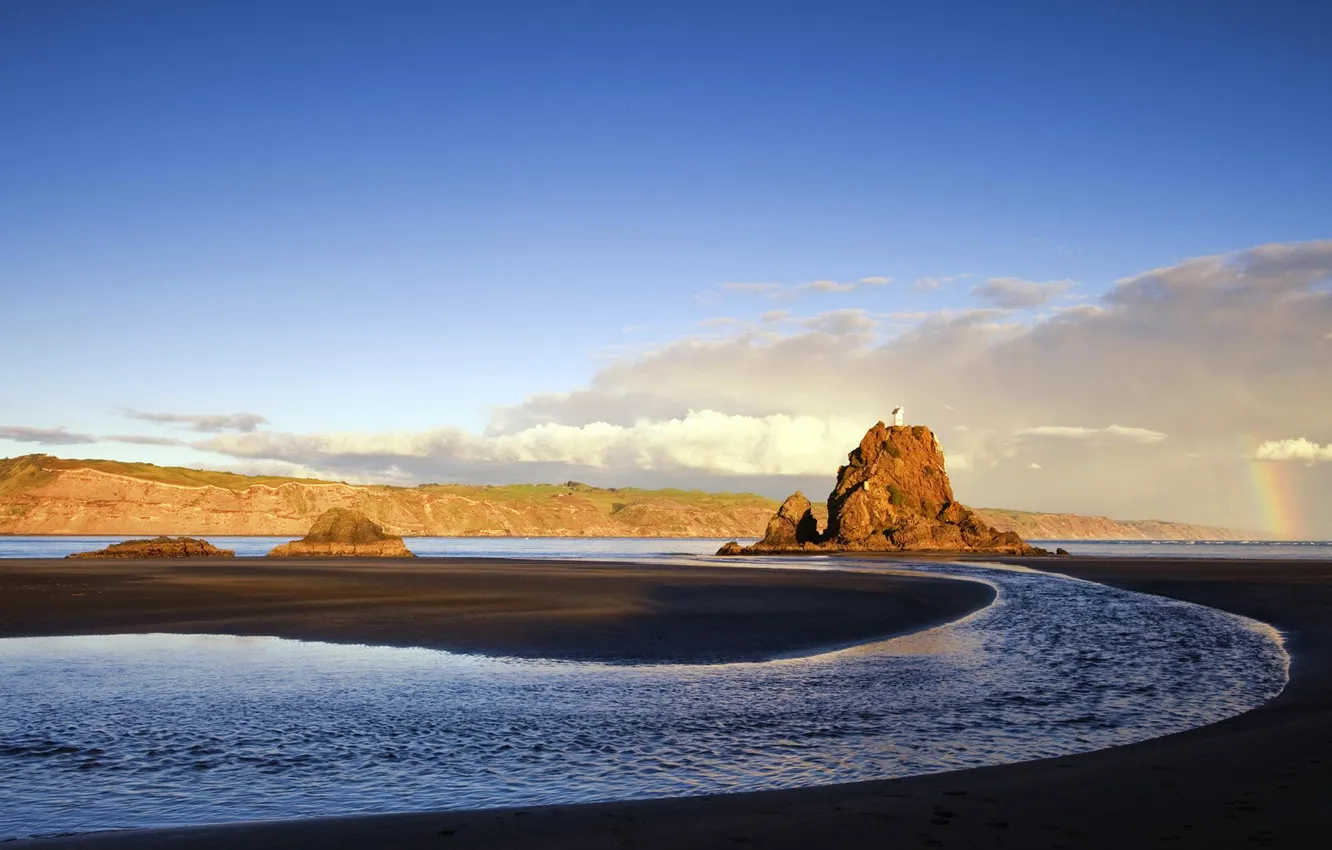 Photo wallpaper sea, the sky, mountains, rainbow, house