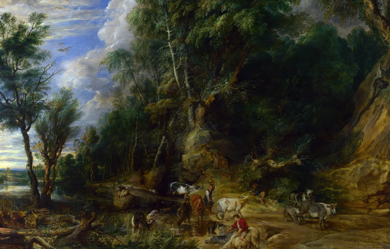 Photo wallpaper nature, picture, Peter Paul Rubens, Pieter Paul Rubens, Landscape with a Watering place