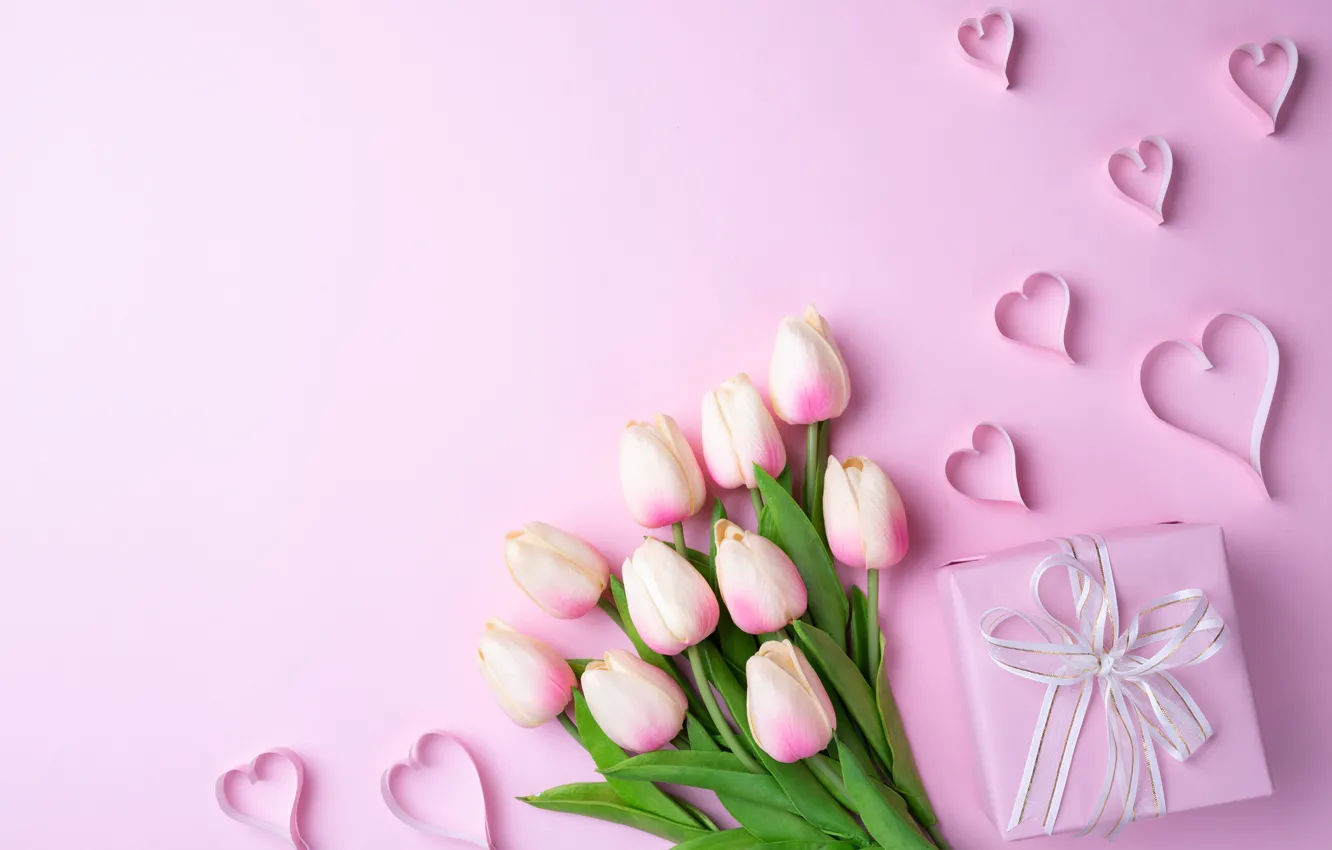 Photo wallpaper background, gift, tape, hearts, tulips, pink