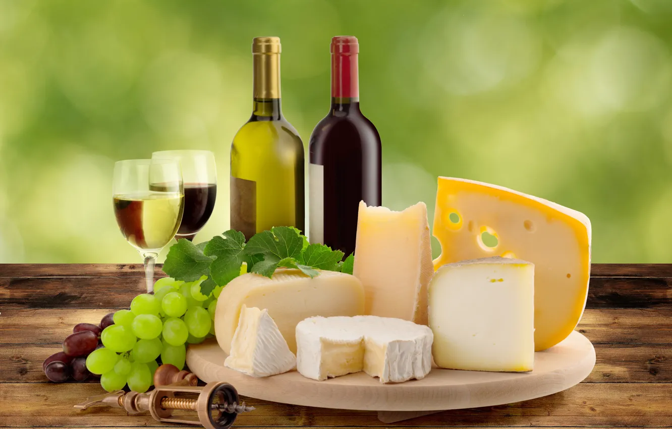 Photo wallpaper wine, cheese, grapes, bottle
