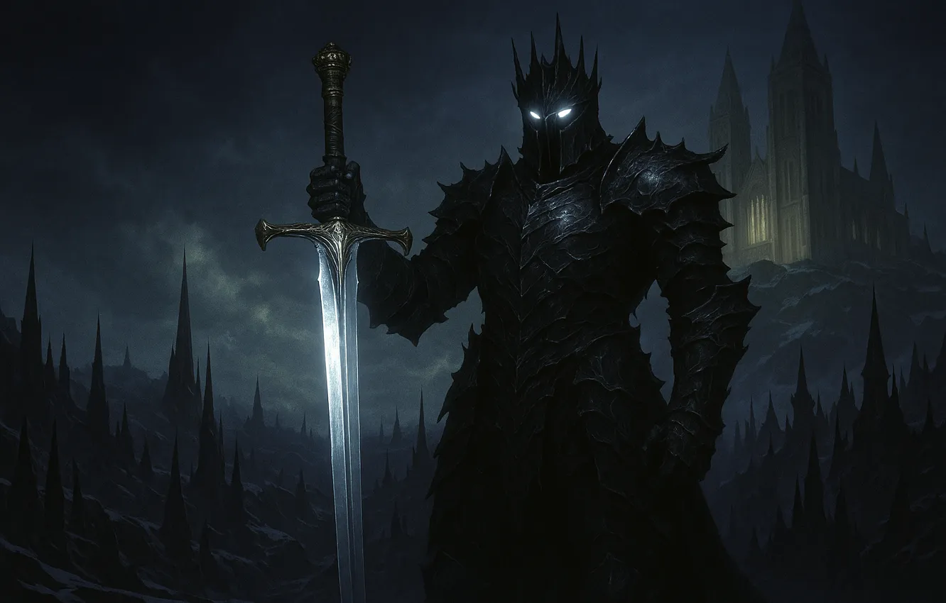 Photo wallpaper sword, black, armor, warrior, dark fantasy, knight, Villains, AI Art