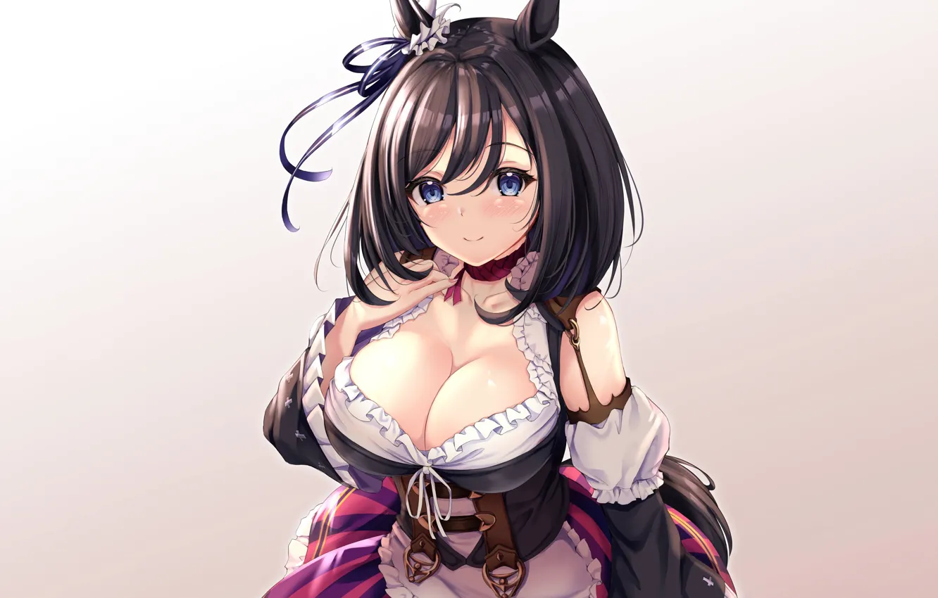 Photo wallpaper girl, sexy, cleavage, blouse, long hair, brown hair, boobs, animal ears