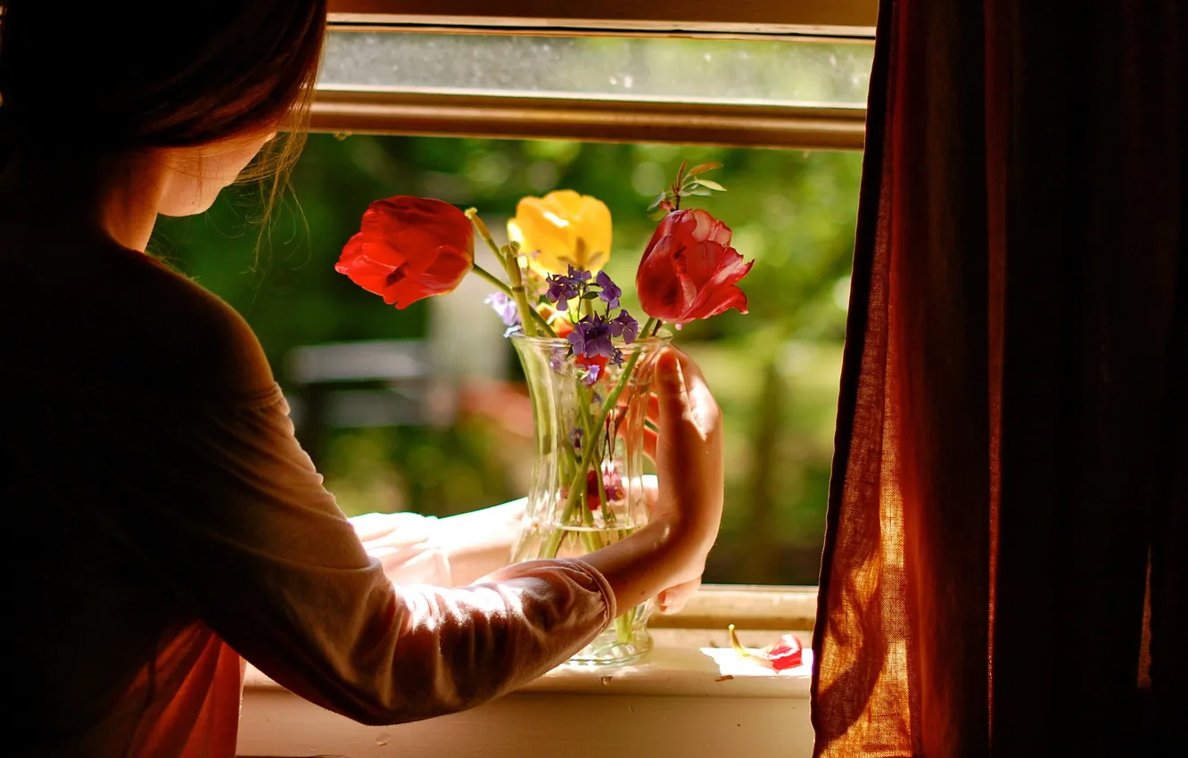Photo wallpaper girl, flowers, comfort, house, mood, window