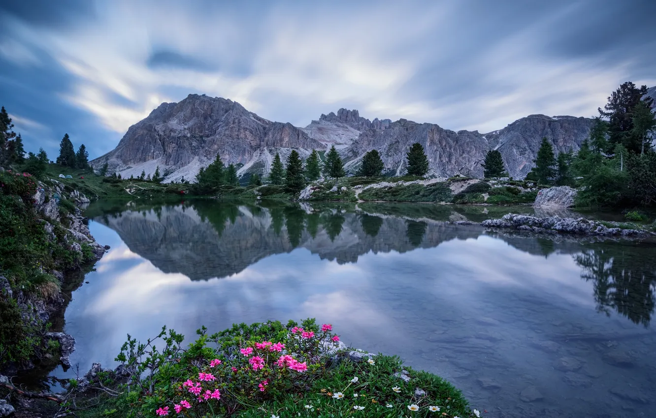 Photo wallpaper the sky, clouds, trees, flowers, reflection, mirror, Italy, peak