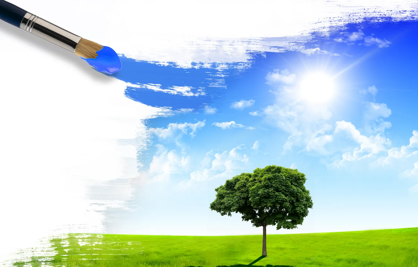 Photo wallpaper greens, field, summer, the sky, the sun, trees, nature, creative