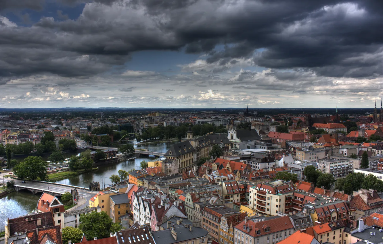 Photo wallpaper bridge, river, home, Poland, architecture, Poland, clouds., Wroclaw