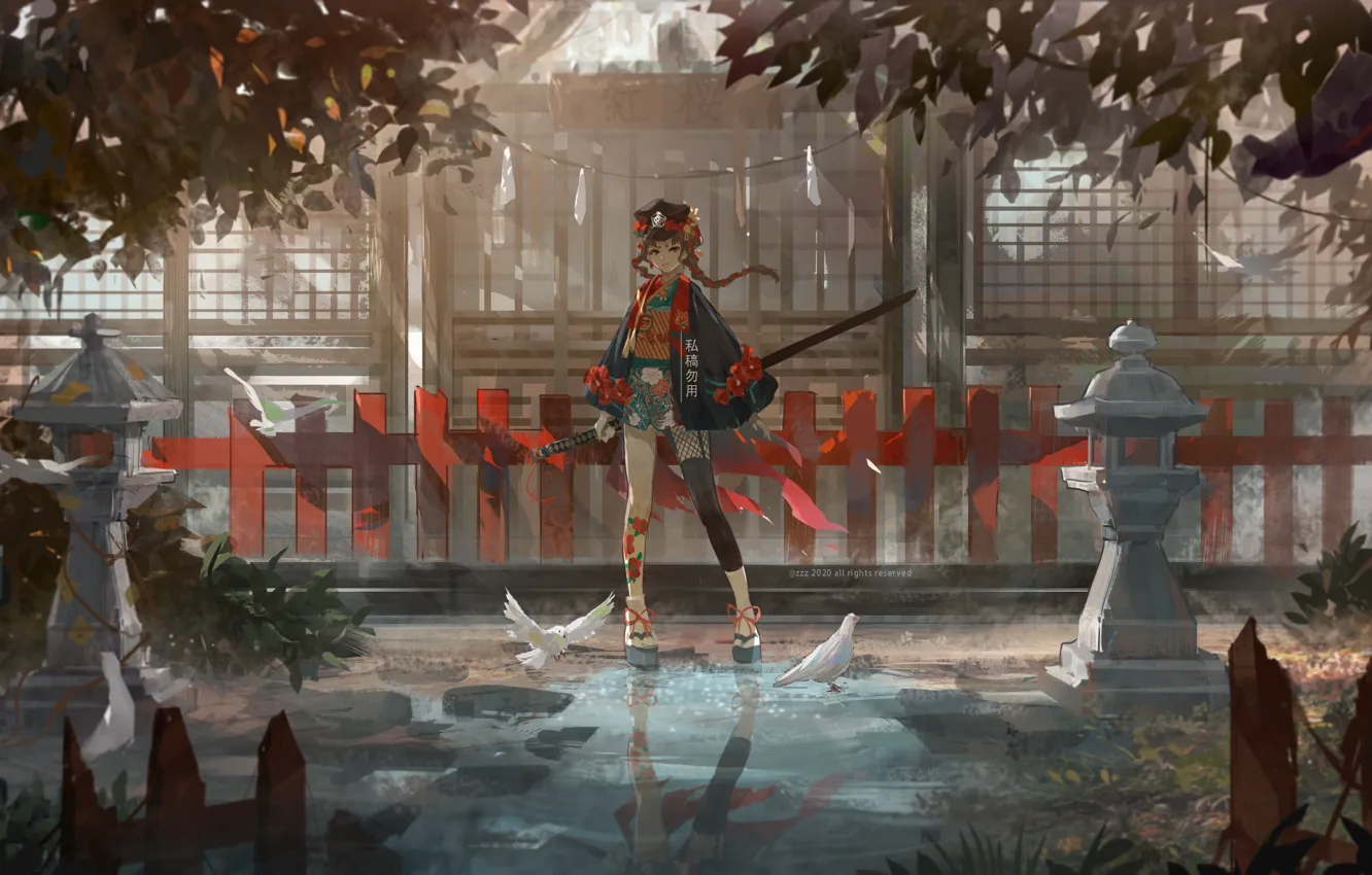 Photo wallpaper the fence, katana, Japan, puddle, lights, girl, temple, the reflection in the water