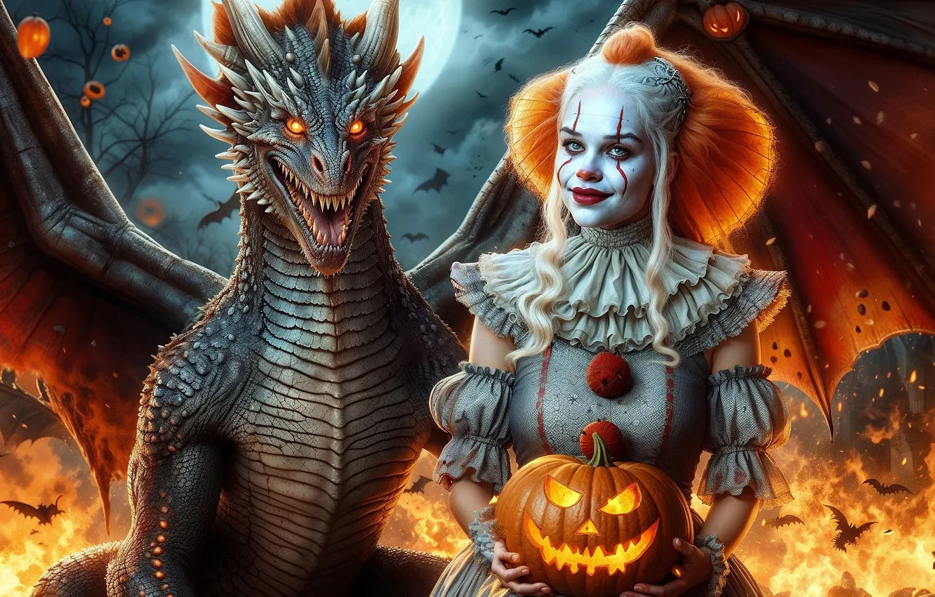 Photo wallpaper girl, flame, dragon, pumpkin, Halloween, It