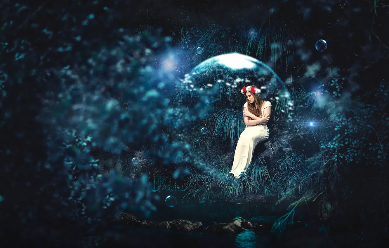 Photo wallpaper forest, girl, pose, mood, dress, wreath