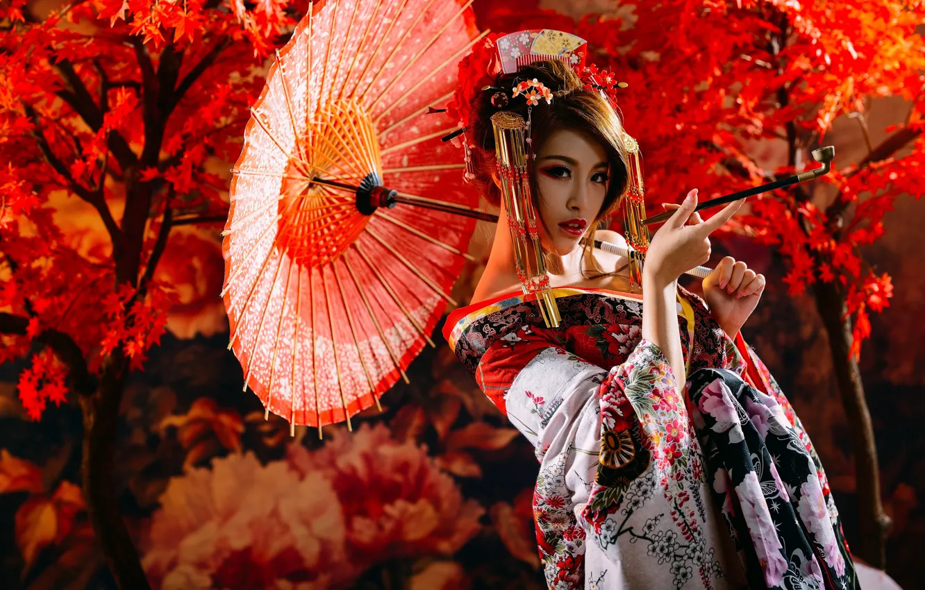 Photo wallpaper model, umbrella, Japan, costume