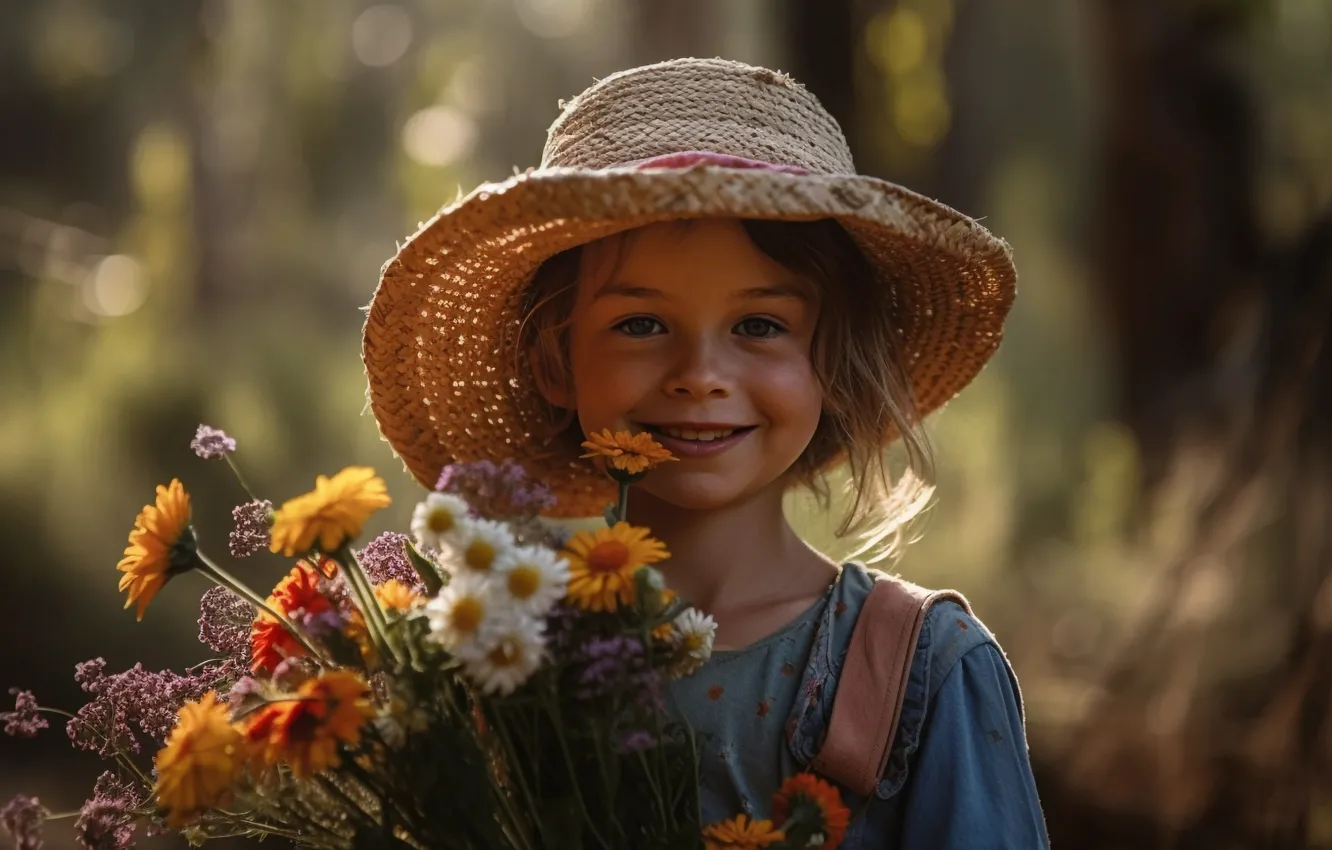 Photo wallpaper summer, flowers, children, smile, portrait, bouquet, hat, girl