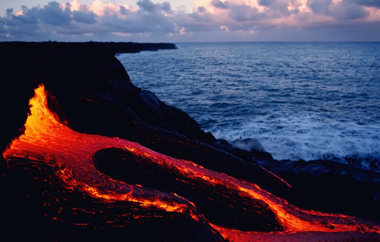 Photo wallpaper fire, rock, sea, sunset, lava, Magma