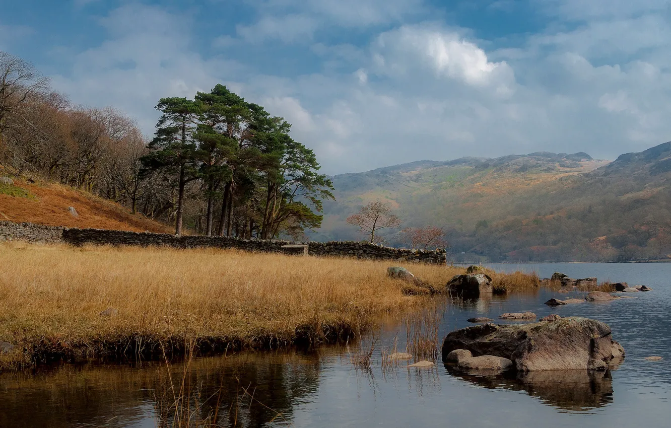 Photo wallpaper trees, mountains, nature, lake, stones, Wales, Snowdonia, Llyn Gwynant