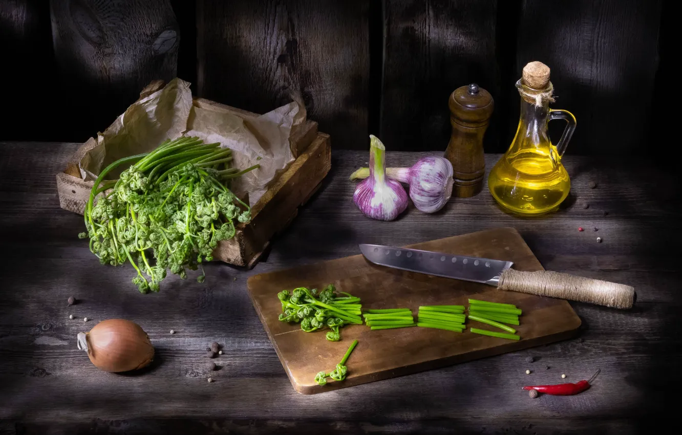 Photo wallpaper greens, oil, still life, escape, garlic