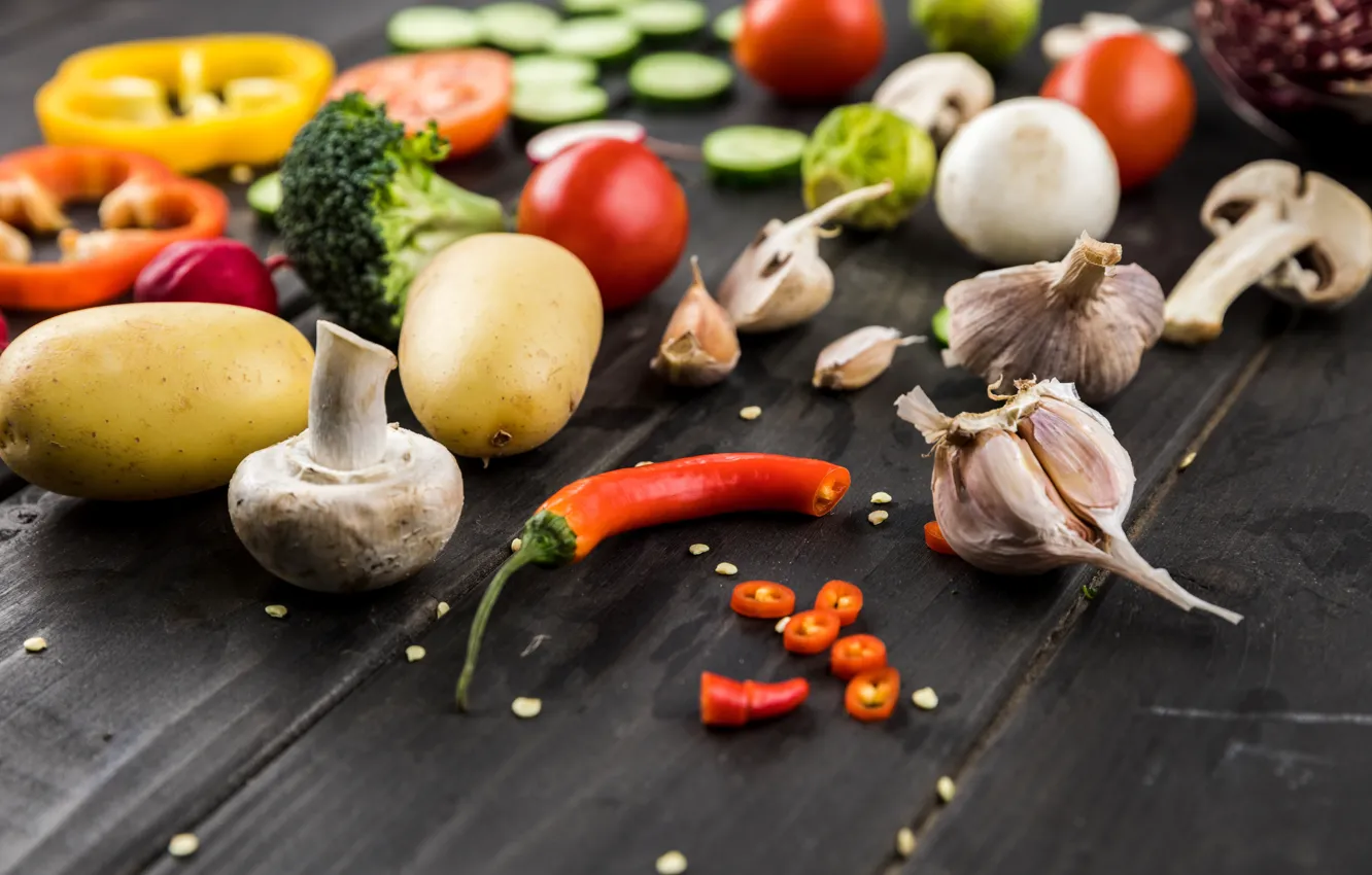 Photo wallpaper mushrooms, pepper, vegetables, tomatoes, garlic